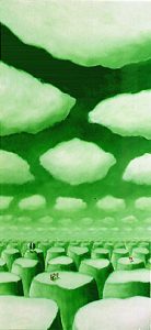 Eilandjes en wolken in groen en wit (olieverf op paneel, 90x30cm, 1998)