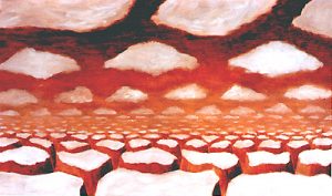 Eilandjes en wolken in siena en wit (olieverf op paneel, 30x50cm, 1998)