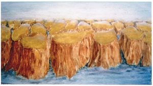Eilandjes in oker en siena (olieverf op paneel, 30x50cm, 1997)