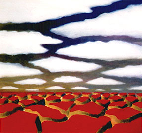 Eilandjes in rood en oker, witte wolken (olieverf op paneel, ca. 50x42cm, 1998)