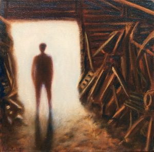 Man in deuropening | Opstapeling wielen (olieverf op doek, 2x 50x50cm, 2003) -LINKERDOEK