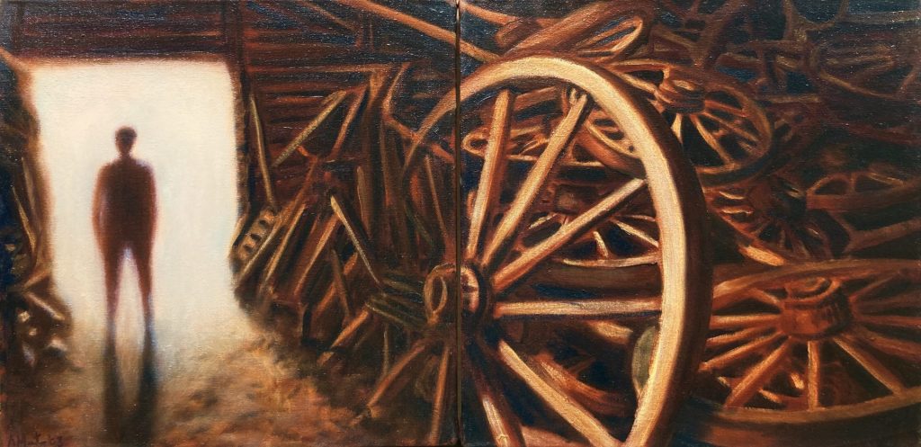 Man in deuropening | Opstapeling wielen (olieverf op doek, 2x 50x50cm, 2003)