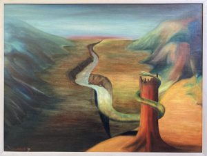 'Doodlopende rivier met uitzicht achterstevoren', olieverf op canvasboard, 30x40cm, voorjaar 1991