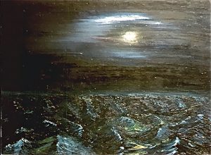 'Inzicht, uit zicht en de golven daar tussenin', olieverf op canvasboard, 20x30cm (?), februari 1992 (particuliere collectie)