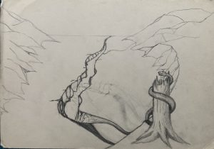 Schets voor 'Doodlopende rivier met uitzicht achterstevoren', potlood op papier, 20x30cm, 1991