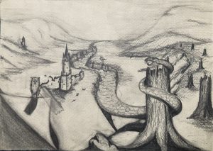 Schets voor 'Doodlopende rivier met uitzicht achterstevoren', potlood op papier, 15x20cm, 1991