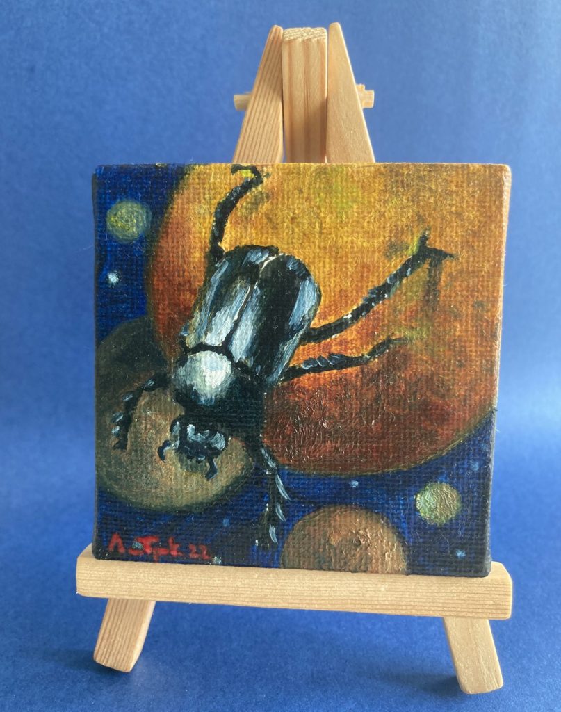 Microkosmos met scarabee (olieverf op doek, 7x7cm, 2022)