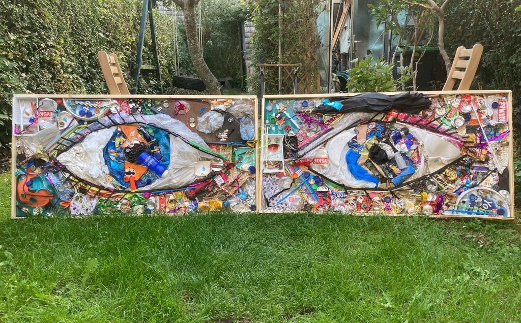 'Eyes for the world', mixed media, litter on panel, 2x 64x125cm, 2022
