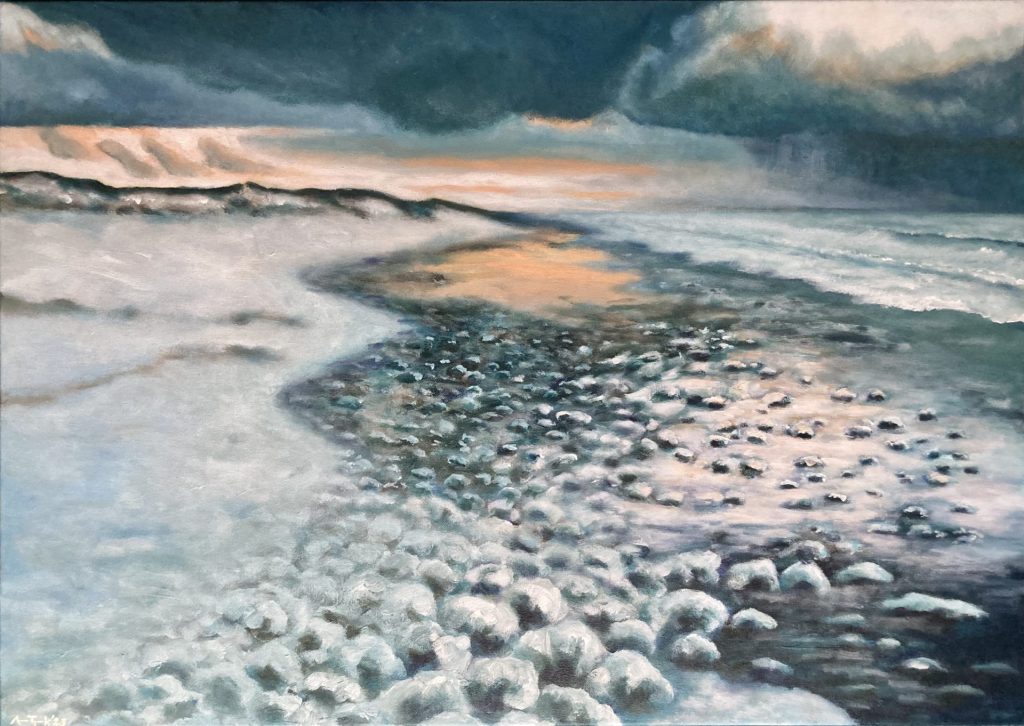 Winterlandschap met duin, strand en zee (acrylverf op doek, 63x89cm, 2023, € 950,00)