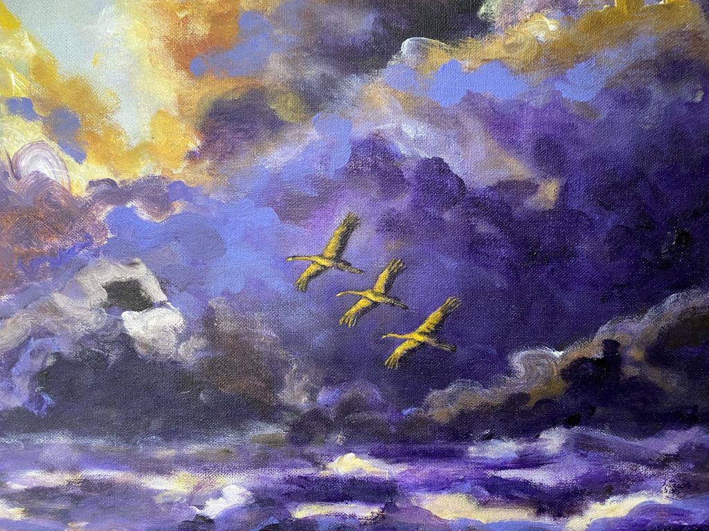 Stormy skies with three cranes (detail three cranes), acrylics on linen, 70x90 cm, 2024