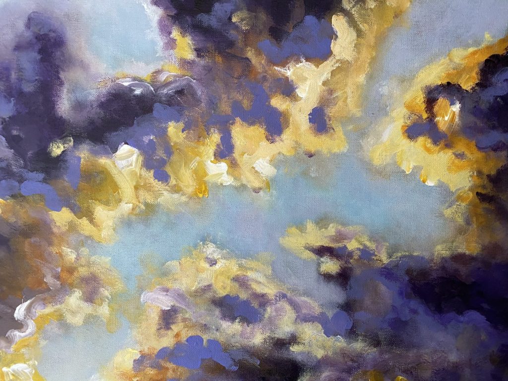 Stormy skies with three cranes (detail), acrylics on linen, 70x90 cm, 2024